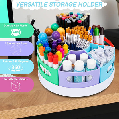 CraftGenes Art Supplies Organizer, Extra Large 360° Rotating Desk Organizer with 7 Removable Compartments, Marker Organizer for Home, Office, and Classroom, Crayon Holder