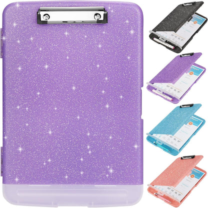 Glitter Clipboard with Storage,Storage Clipboard with Pen Holder,A4 Binder Clip Boards 8.5x11 with Low Profile Clip,Side Opening Sparkle Clipboards, Clipboards Folder for Office Supplies-Starry Black