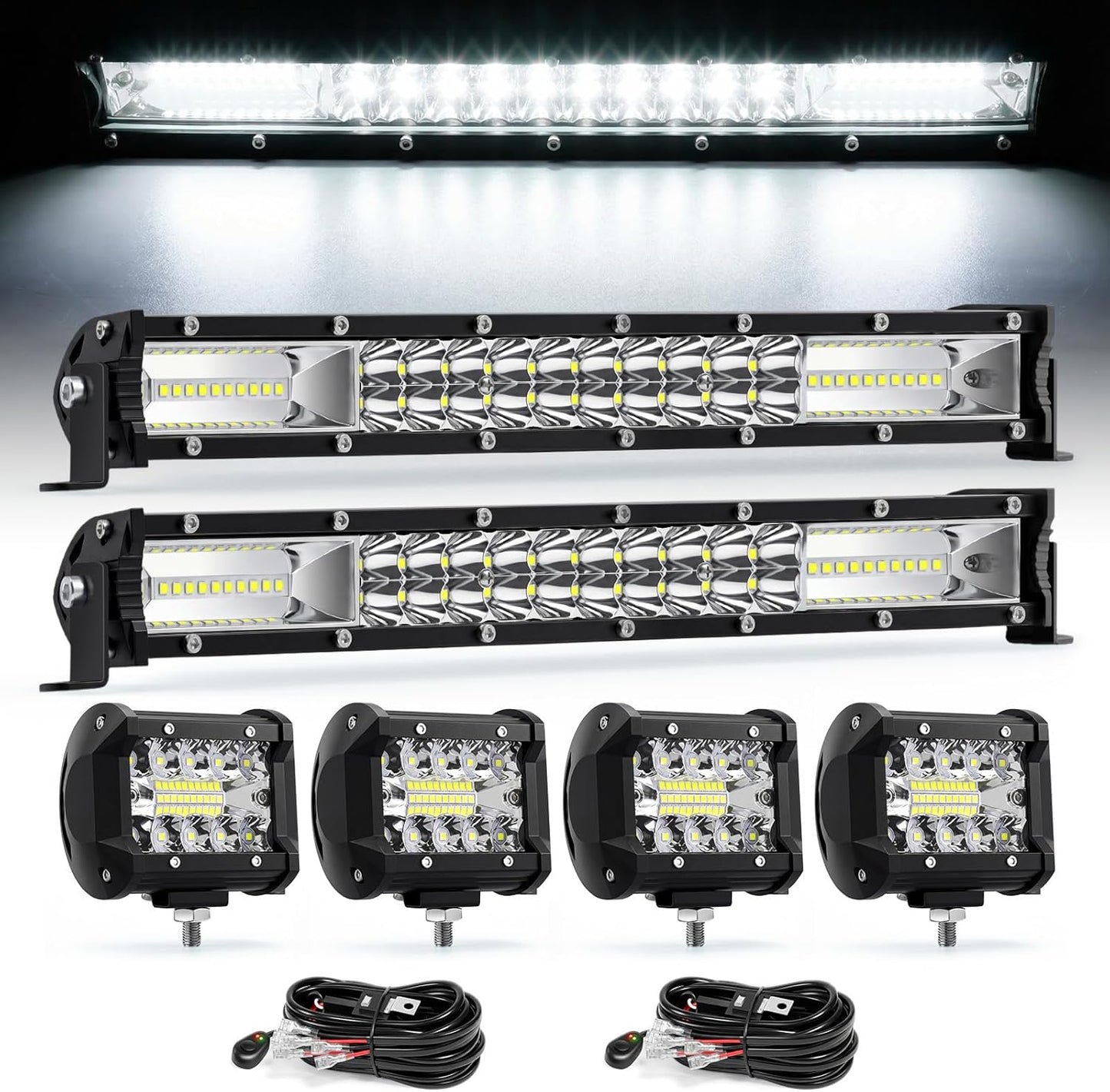 LED Light Bar Kit, 32Inch 585W Ultra Slim Double Row Light Bars, 4PCS 72W Led Cube Pods with Wiring Harness, Off Road Driving Fog Work Lights for Trucks SUV ATV UTV Tractor Pickup Boat