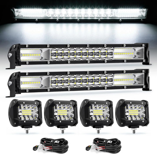 LED Light Bar Kit, 32Inch 585W Ultra Slim Double Row Light Bars, 4PCS 72W Led Cube Pods with Wiring Harness, Off Road Driving Fog Work Lights for Trucks SUV ATV UTV Tractor Pickup Boat