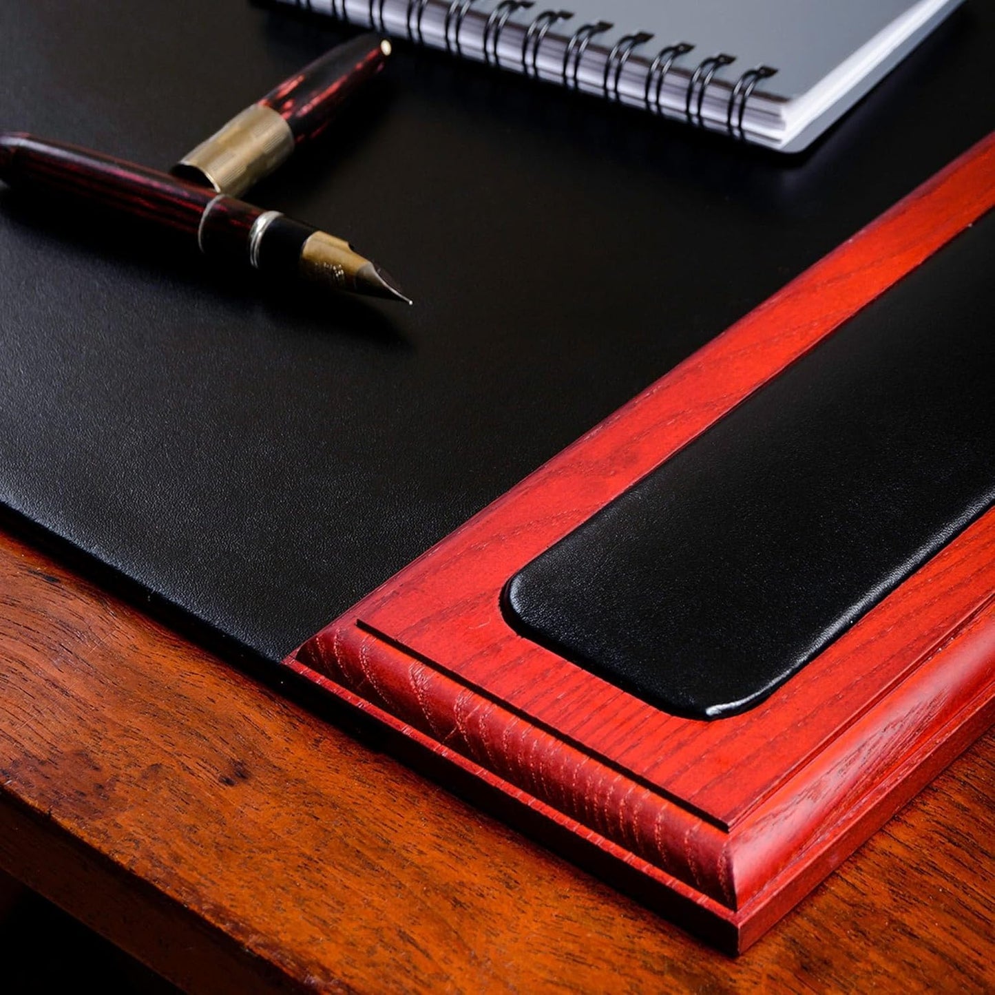 DACASSO Wood & Leather Desk Pad with Side Rails - Luxury Leather Desk Blotter for Writing - Padded Executive Desk Surface Protector - (Walnut & Black, 34” x 20”)