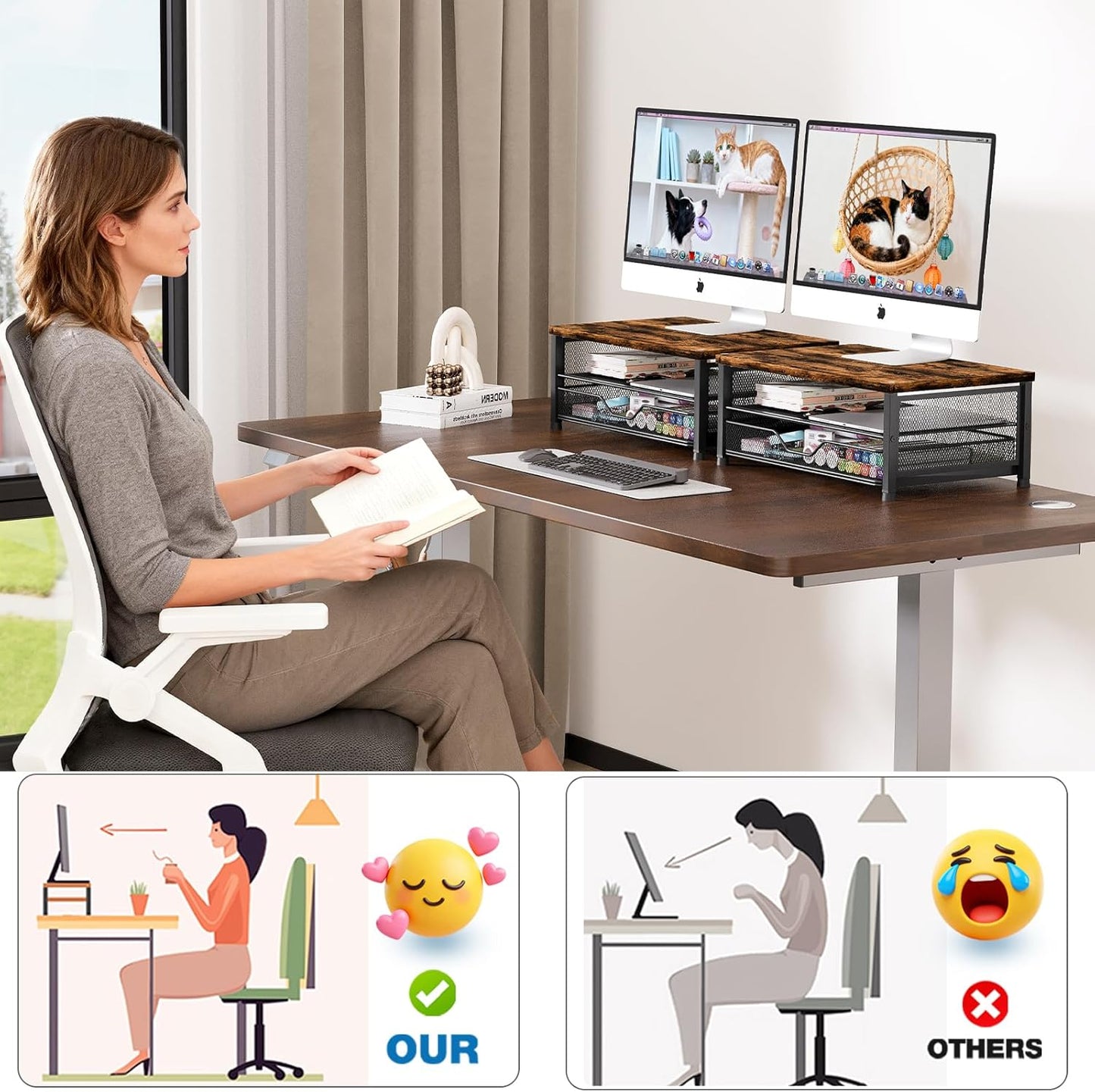 OPNICE Computer Monitor Stand Riser, Desk Organizer with Drawer, Printer & Laptop Stand, Office Desk Accessories & Workspace Desktop Organizers Storage for Office Supplies(Black)