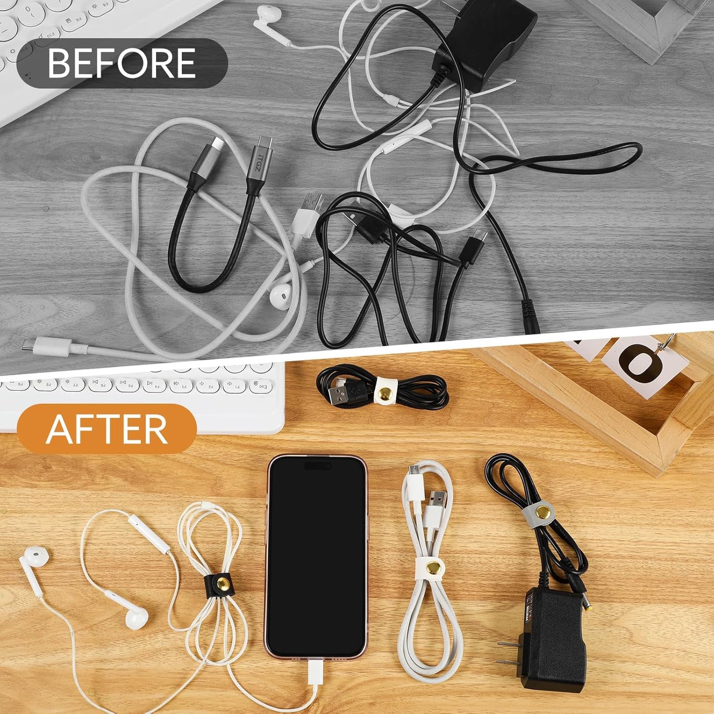 10 Pcs Cord Organizer, Portable Leather Cable Cord Stocking Stuffers for Men USB Straps Earphone Winder with Leather Handmade (Brown/white)