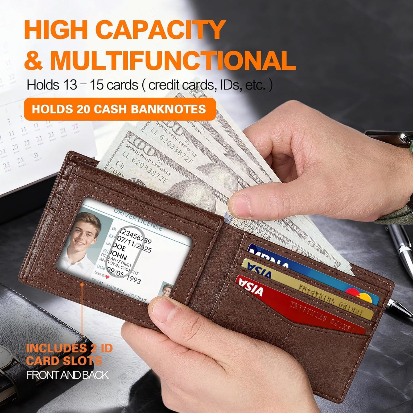 Wallet for Men Slim RFID Blocking Bifold Carbon Fiber,Minimalist Small Compact Front Pocket Credit Card Holder,Thin Mens Leather Wallets Smart Security With 2 ID Windows 1 Cash,Birthday Gifts for Men