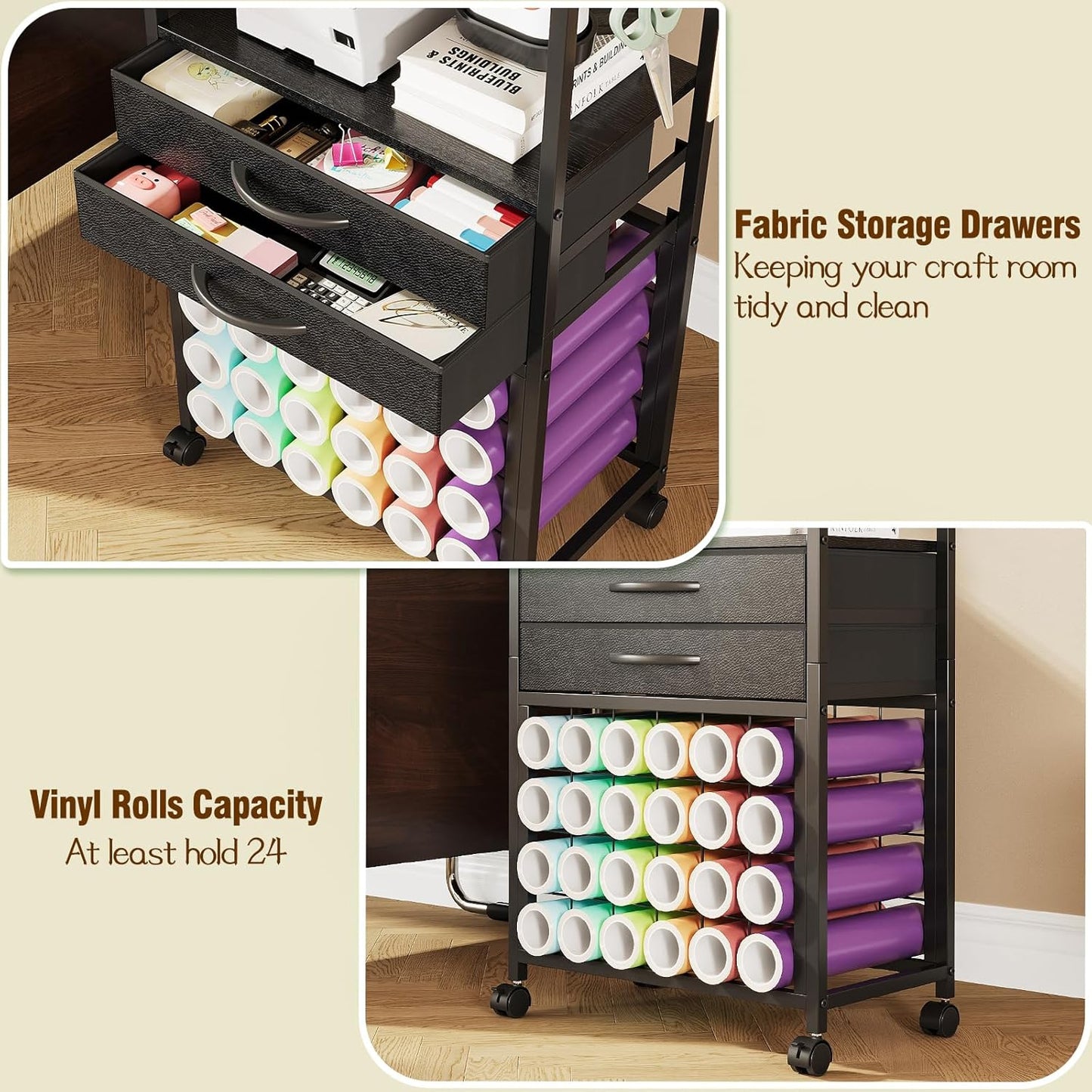 VENNQD Organizer and Storage Stand Compatible with Cricut Machines,Rolling Storage Cart/Shelf with 24 Vinyl Roll Holders，2 Fabric Drawer,Accessories Holder,Tool Hook for Craft Room Home (white)