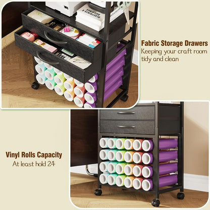 VENNQD Organizer and Storage Stand Compatible with Cricut Machines,Rolling Storage Cart/Shelf with 24 Vinyl Roll Holders，2 Fabric Drawer,Accessories Holder,Tool Hook for Craft Room Home (white)