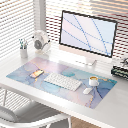 QIYI Large Mouse Pad, Cute Pink Desk Mat for Desktop, Women Girls PU Leather Desk Pad Waterproof Gaming Mousepad, Rose Gold Marble Computer Protector Writing Pad for School Office Home 31.5" x 15.7"