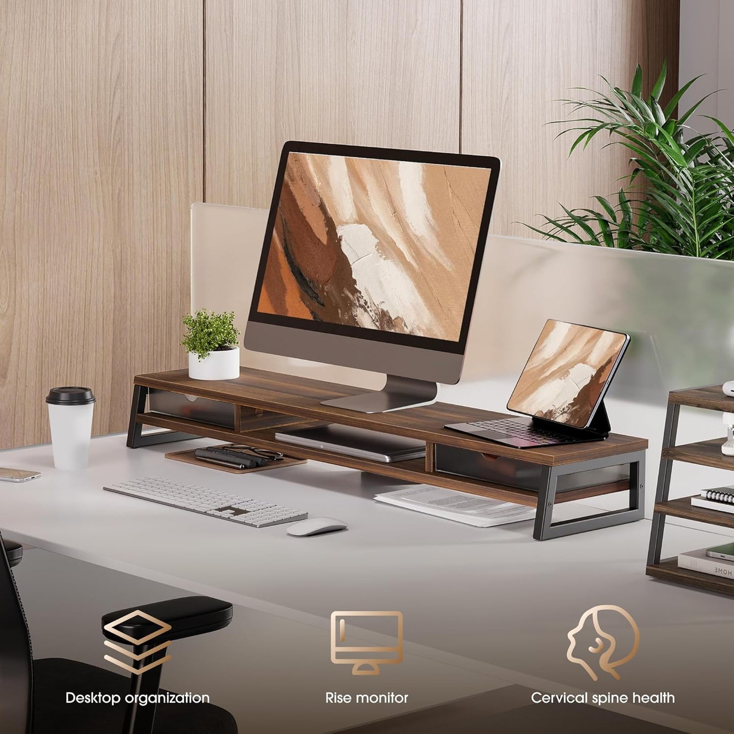 Fenge Dual Monitor Stand, Monitor Riser with Drawer, 42.5 Inch Large Computer Monitor Stand for 2 Monitors, 2 Tier Wooden Desk Shelf for Top of Desk