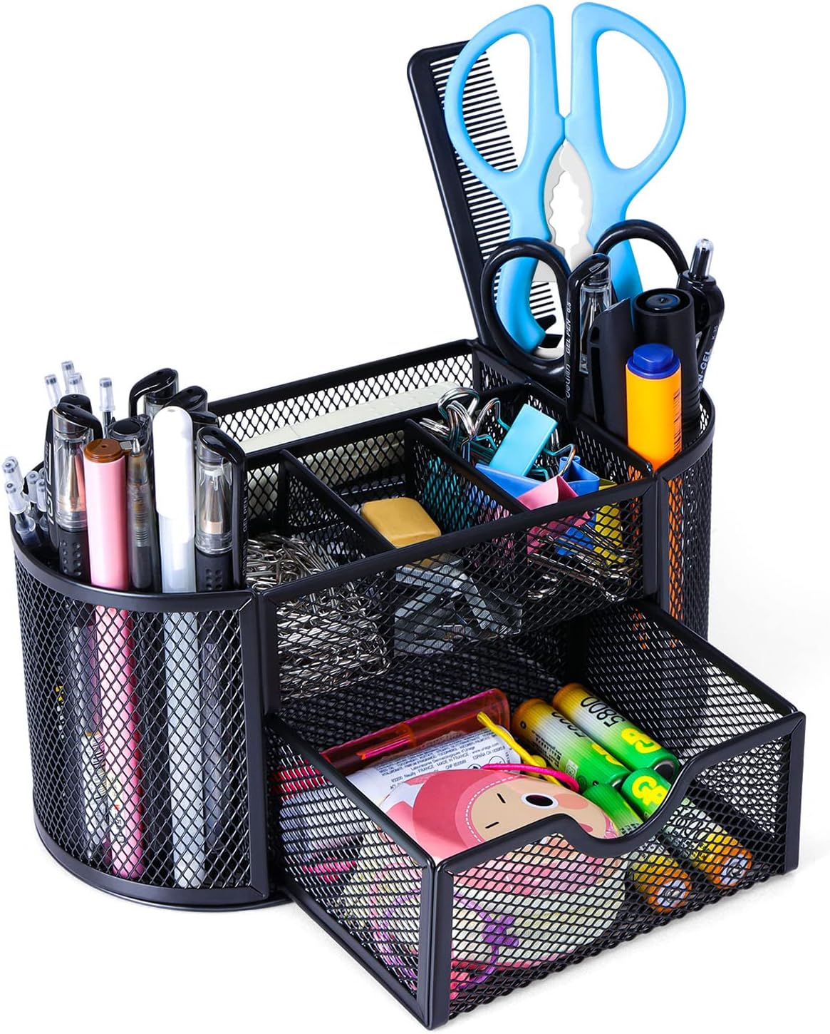 2-Piece Desk Pen & Pencil Organizer - Mesh Metal Pen Cup with Sticky Notes Holder, Black | Pen Cup