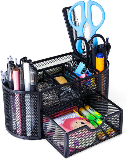 2-Piece Desk Pen & Pencil Organizer - Mesh Metal Pen Cup with Sticky Notes Holder, Black | Pen Cup