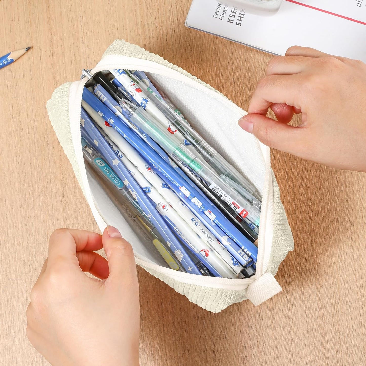 Pencil Bag Pen Case, Soft Corduroy Small Pencil Pouch Organizer with Zipper, Cute Pencil Case Pouch Stationery for Girls and Boys – Apricot