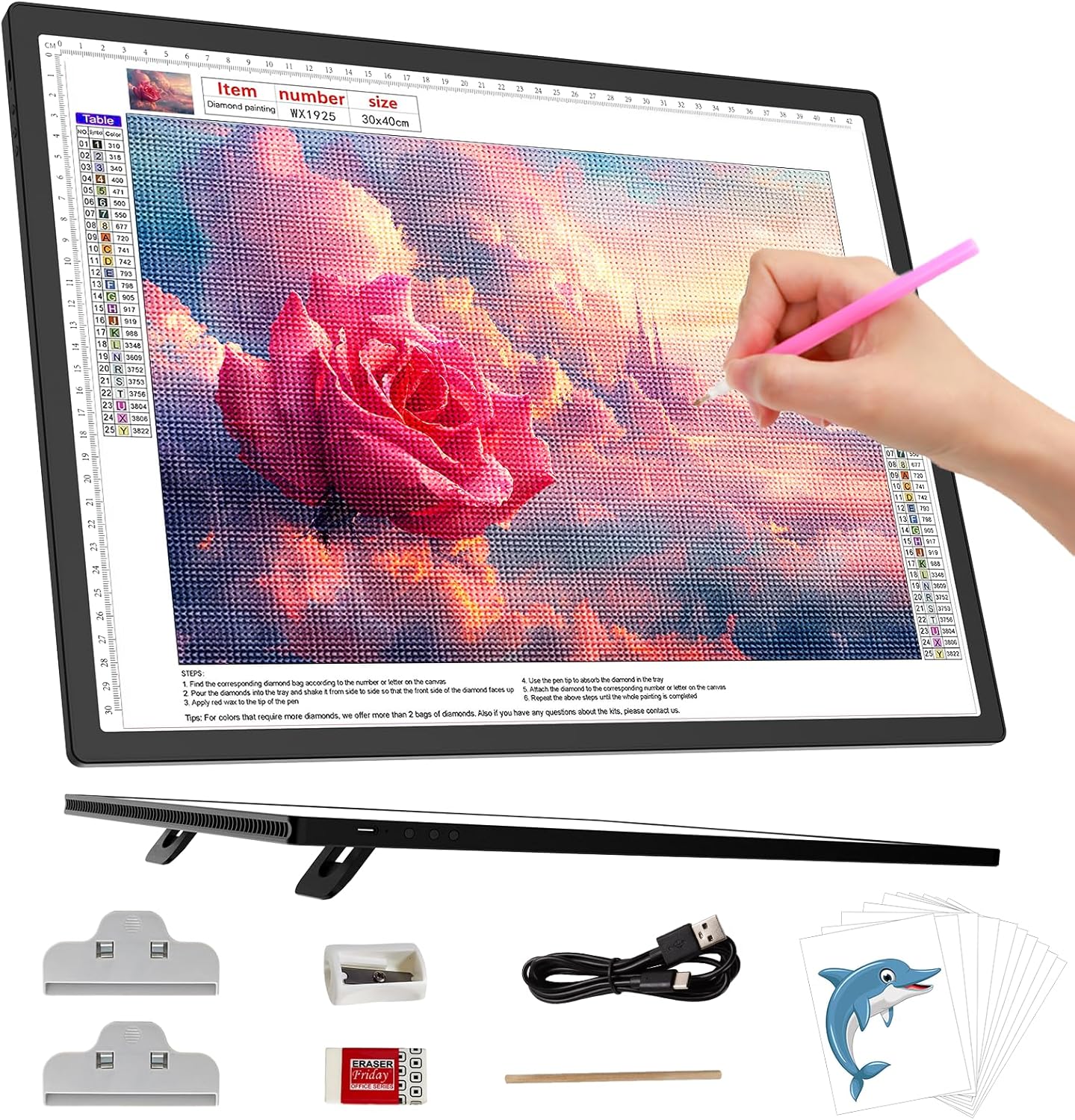 HIUKCOLED Wireless Battery Powered A3 Light Pad, 3 Colors Stepless Dimmable and 6 Levels Brightness Light Board, Rechargeable LED Light Tracing Box for Diamond Painting,Cricut Weeding Vinyl Tools