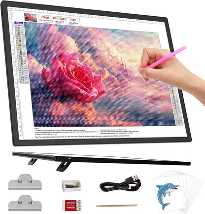 HIUKCOLED Wireless Battery Powered A3 Light Pad, 3 Colors Stepless Dimmable and 6 Levels Brightness Light Board, Rechargeable LED Light Tracing Box for Diamond Painting,Cricut Weeding Vinyl Tools