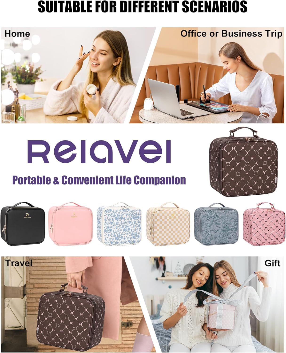 Relavel Travel Makeup Bag With LED Mirror, Cosmetic Train Case with Light up Mirror, Portable Makeup Artist Organizer Bag with Adjustable Dividers, Makeup Brush Holder Storage, Black