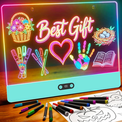 Rechargeable LED Drawing Board for Kids, 16" Light Up Acrylic Dry Erase Led Note Board with Stand, 11 Light Effects Drawing Tablet, Birthday Holiday Toy Gifts for Kids, 12 Markers (White)