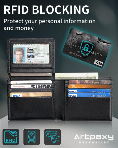 Mens Wallet With AirTag Holder, Bifold Leather RFID Blocking 1-2 ID Windows 12-13 Card Holders, Gift Box and Screen Protector Included, AirTag Not Included