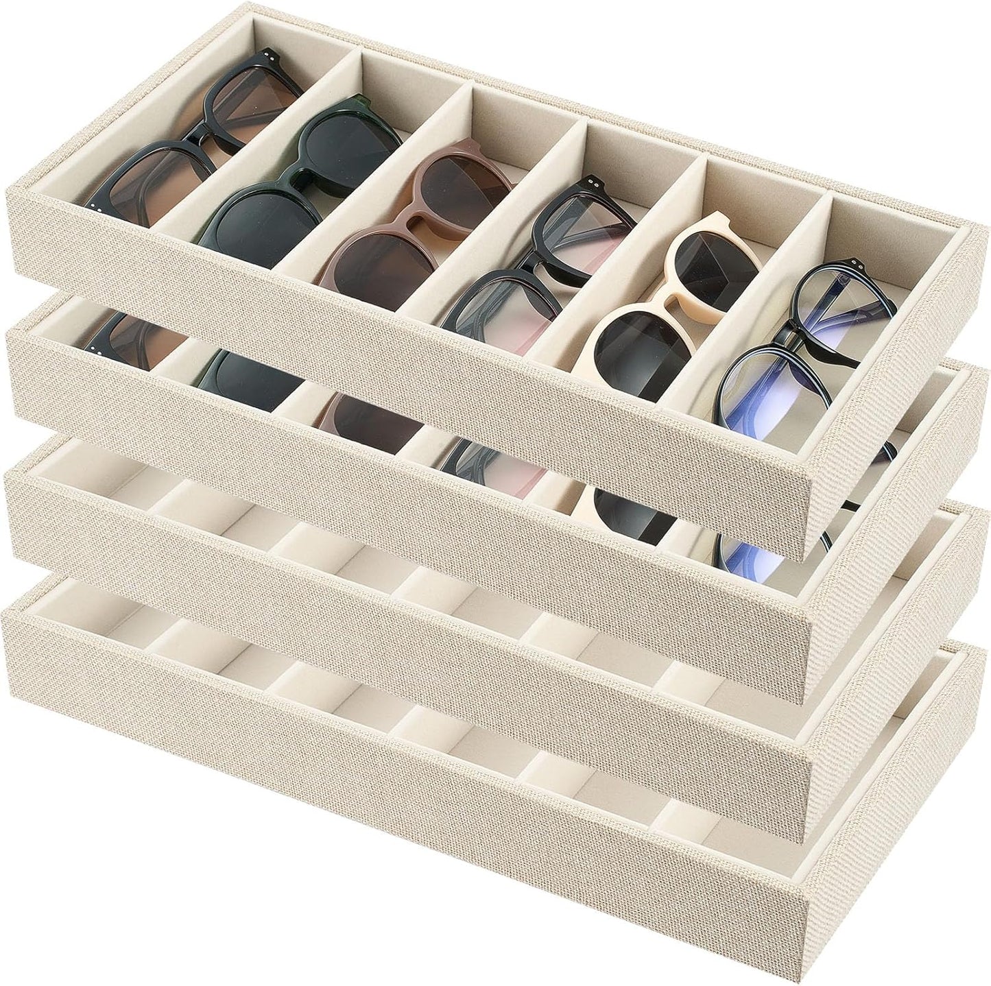 Juexica 2 Pcs Velvet Sunglasses Organizer Tray 6 Grid Sunglass Organizer Velvet Tray Stackable Glasses Display Case for Women Glasses Jewelry Display Watch (Beige)