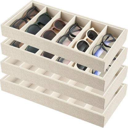 Juexica 2 Pcs Velvet Sunglasses Organizer Tray 6 Grid Sunglass Organizer Velvet Tray Stackable Glasses Display Case for Women Glasses Jewelry Display Watch (Beige)