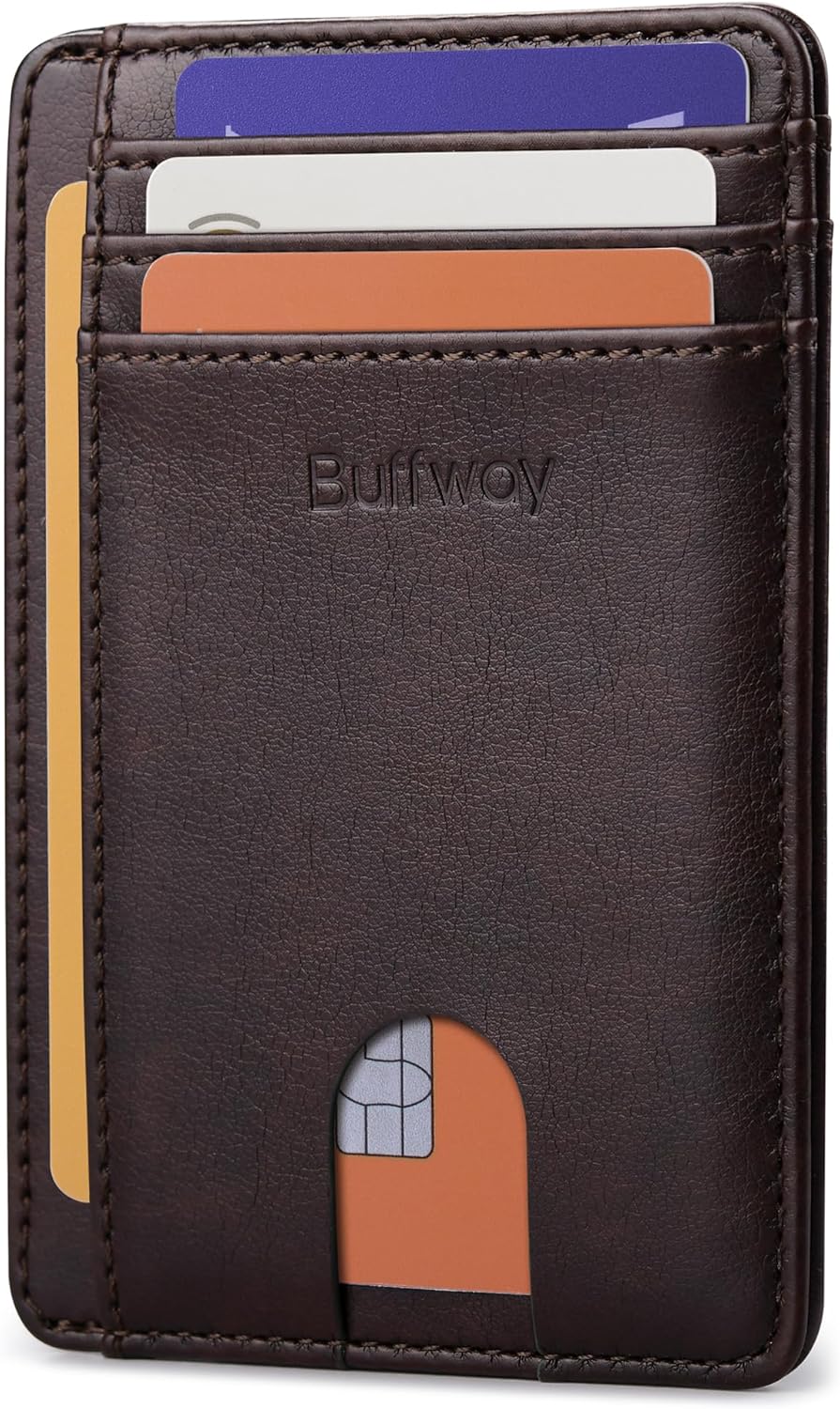 Buffway Slim Minimalist Front Pocket RFID Blocking Leather Wallets for Men and Women - Carbon Fiber Black - Colors A