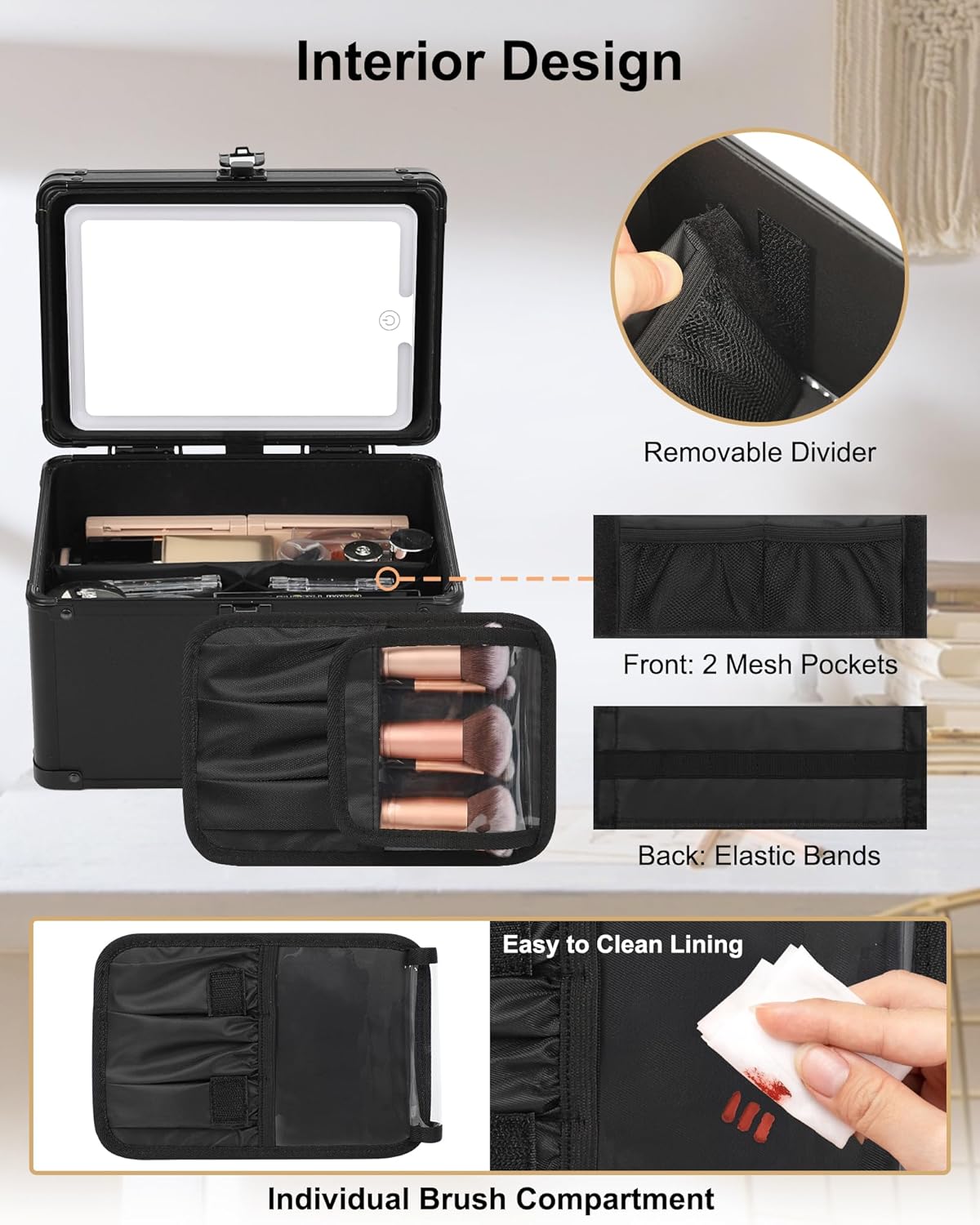 Relavel Travel Makeup Bag With LED Mirror, Cosmetic Train Case with Light up Mirror, Portable Makeup Artist Organizer Bag with Adjustable Dividers, Makeup Brush Holder Storage, Black