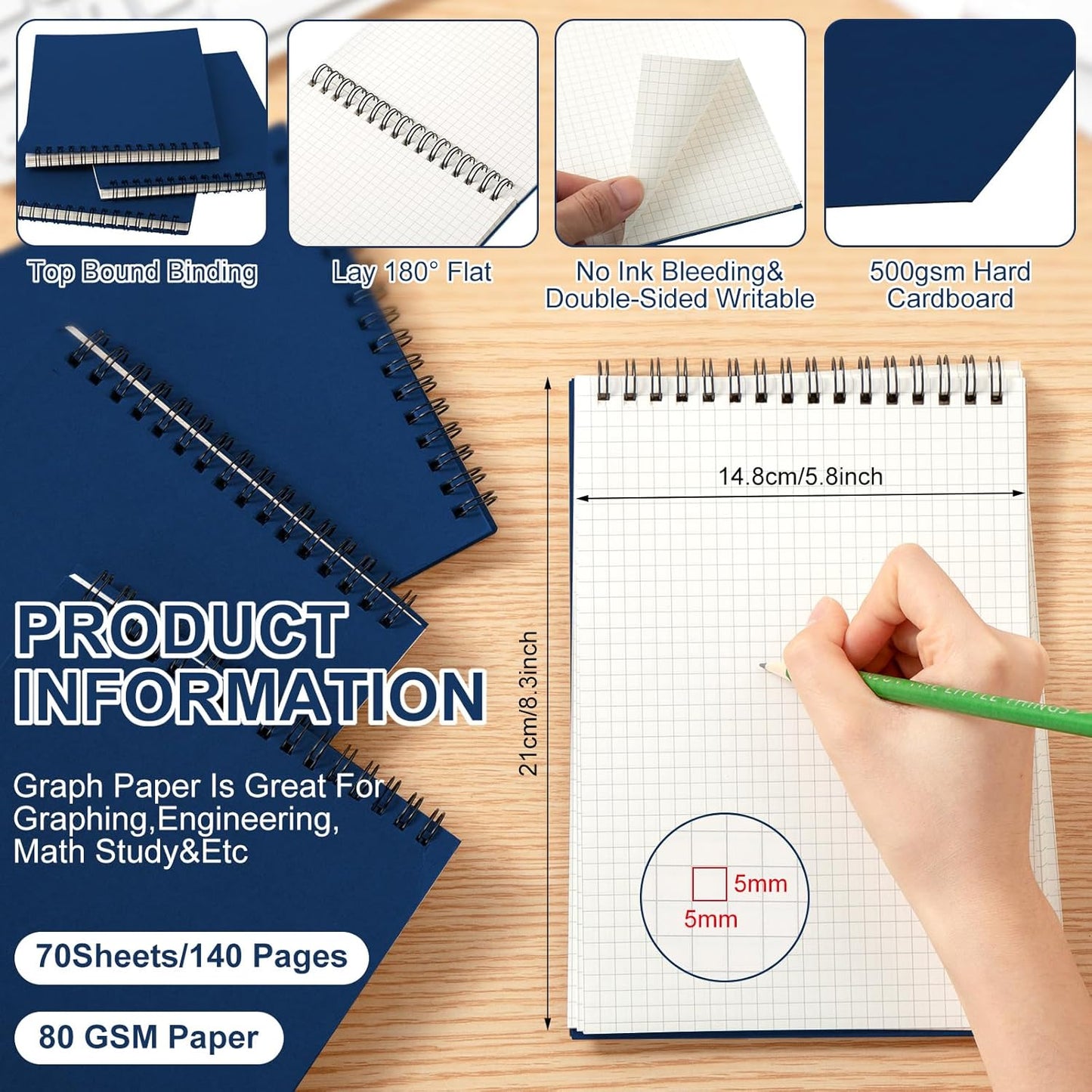 Engrowtic 6 Pack Graph Paper Spiral Notepad A5 Top Wirebound Notepad Grid Notebook Steno Pad Memo Notebook Grid Paper 140 Pages for Writing Sketching Drawing Office Supply (Black)