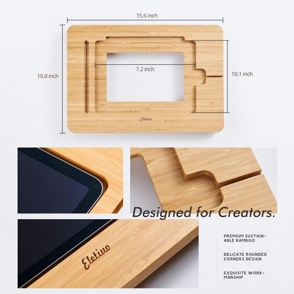 ELETIUO Adjustable Tablet Stand with Pencil&Charger Cable Slot,Bamboo Wooden Stand with Multiple Angles,Organizer Desktop Holder for Drawing,Compatible with ipads(Support to 9.7-11" Devices)