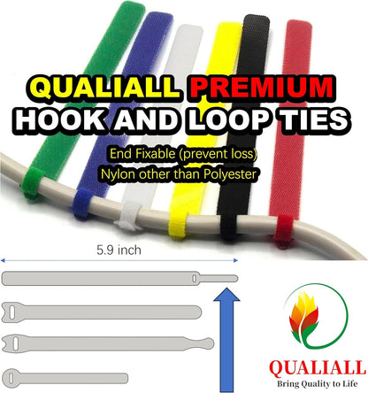 QUALIALL 150-PACK Premium Reusable Cable Ties, Strong Adhesion Nylon Cord Ties for PC and Wire Management, Durable. 5.9"