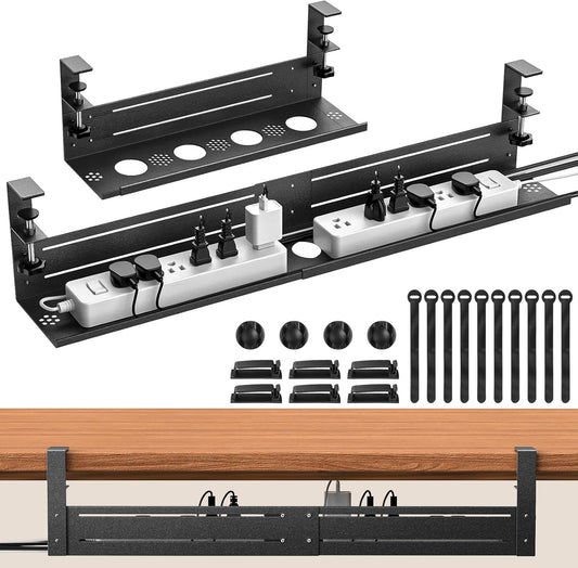 Under Desk Cable Management Tray - 18-29in Retractable Iron Cord Organizer, No-Drill Installation with Anti-Slip Pads, Desk Cable Tray for Office, Gaming,Standing Desks(Black)