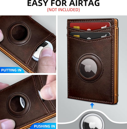 miyozi Airtag Wallet for Men- with Money Clip Gift Boxed, Magnetic Closure Slim Genuine Leather Front Pocket Wallet, 4.1"x 2.8", RFID Blocking