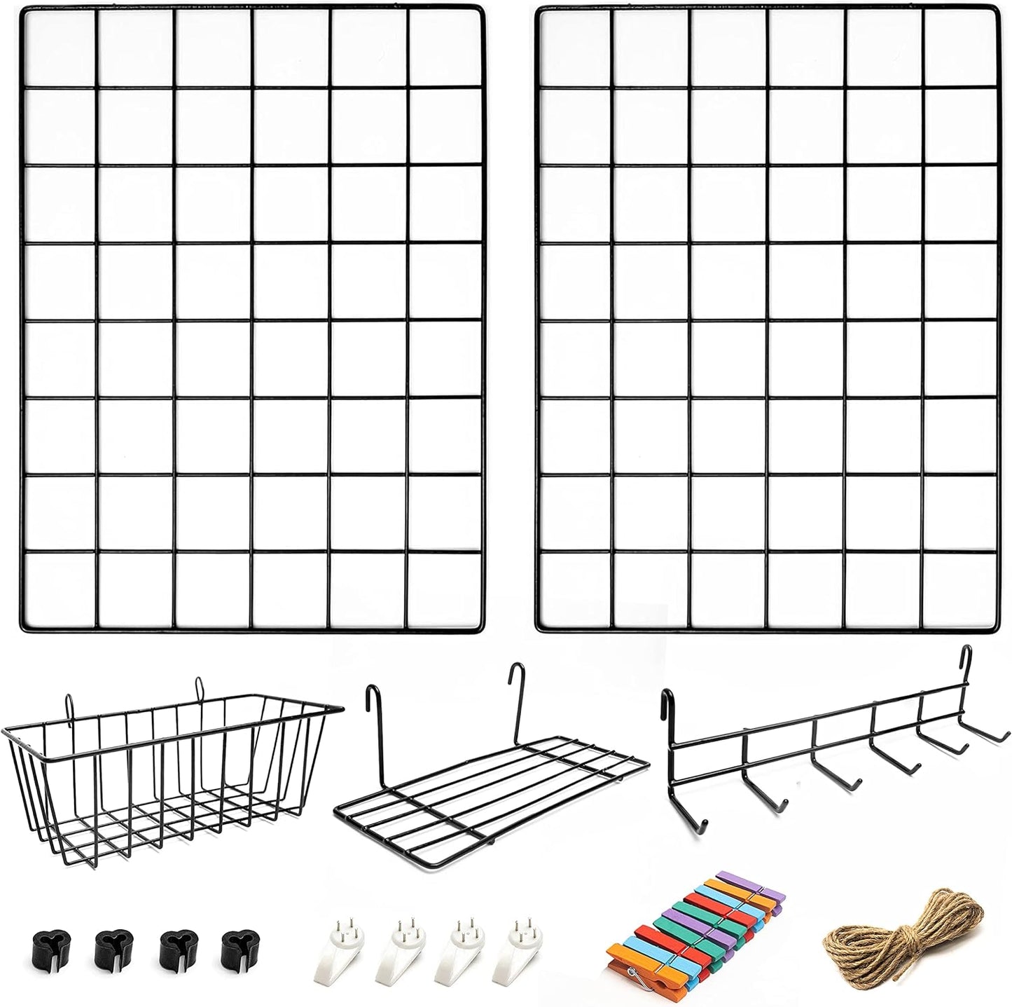 2 Pack Wire Wall Grid Panel With Accessories | Includes Hanging Basket, Shelf & Hook Rack | Photo Grid Wall Panels | Hanging Home, Office & Kitchen Décor | Metal & Black