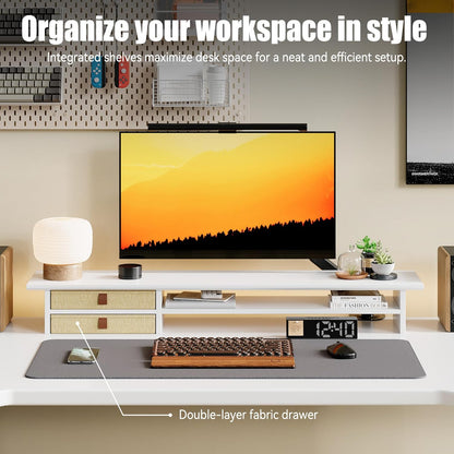 FENSULN Dual‑Tier Monitor Stand Riser with Drawers, Desktop Organizer Shelf Storage for Computer Screen 2 Monitors, Supports for PC Computer Monitor, Printer, Heavy TV Riser Brown and Black
