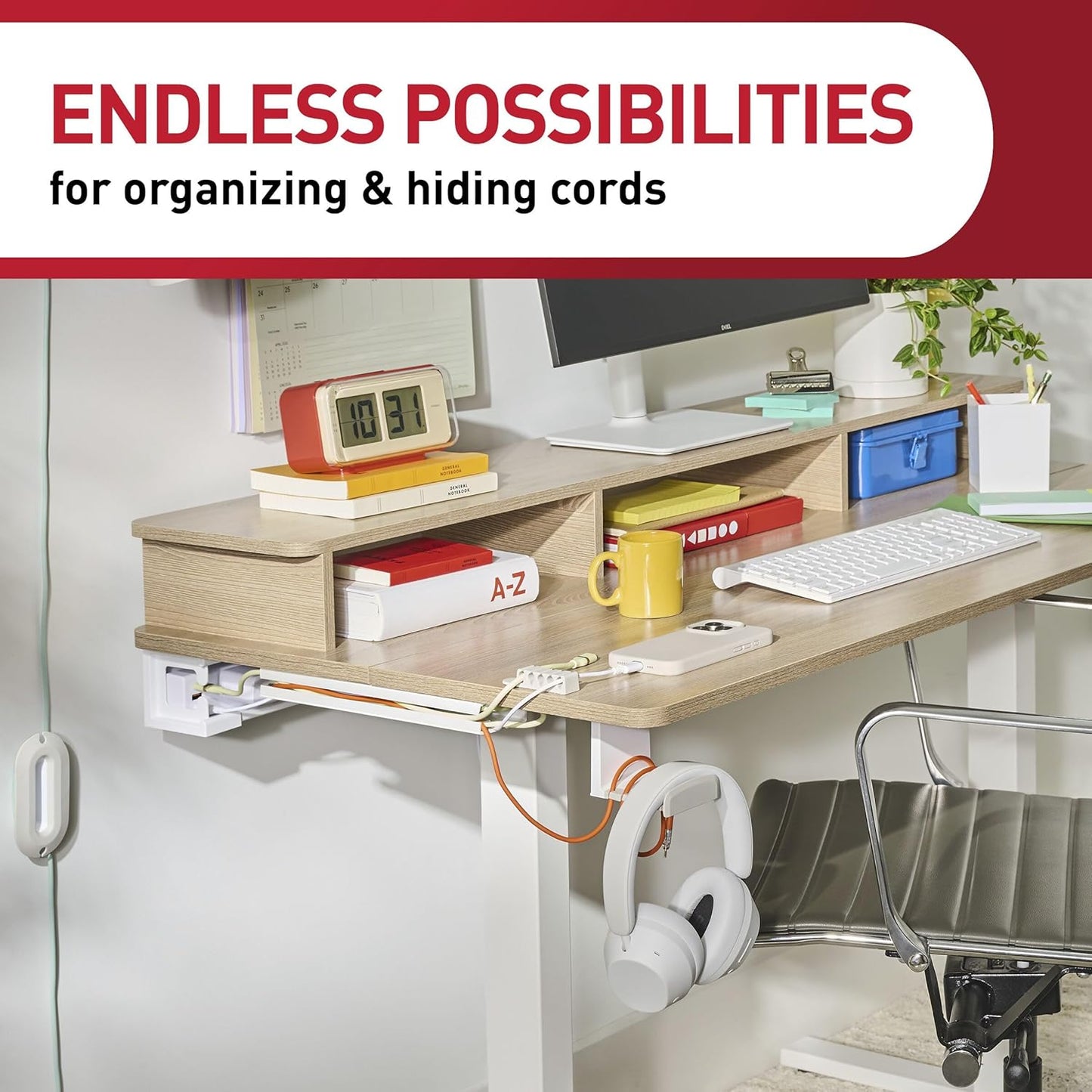 Command 5-Cord Clip Organizer and Wrap Bundle, 2 Clips, 1 Wrap and 6 Medium Strips, White, Great for Damage-Free Electronics Organization Under Desk or Wall Mount