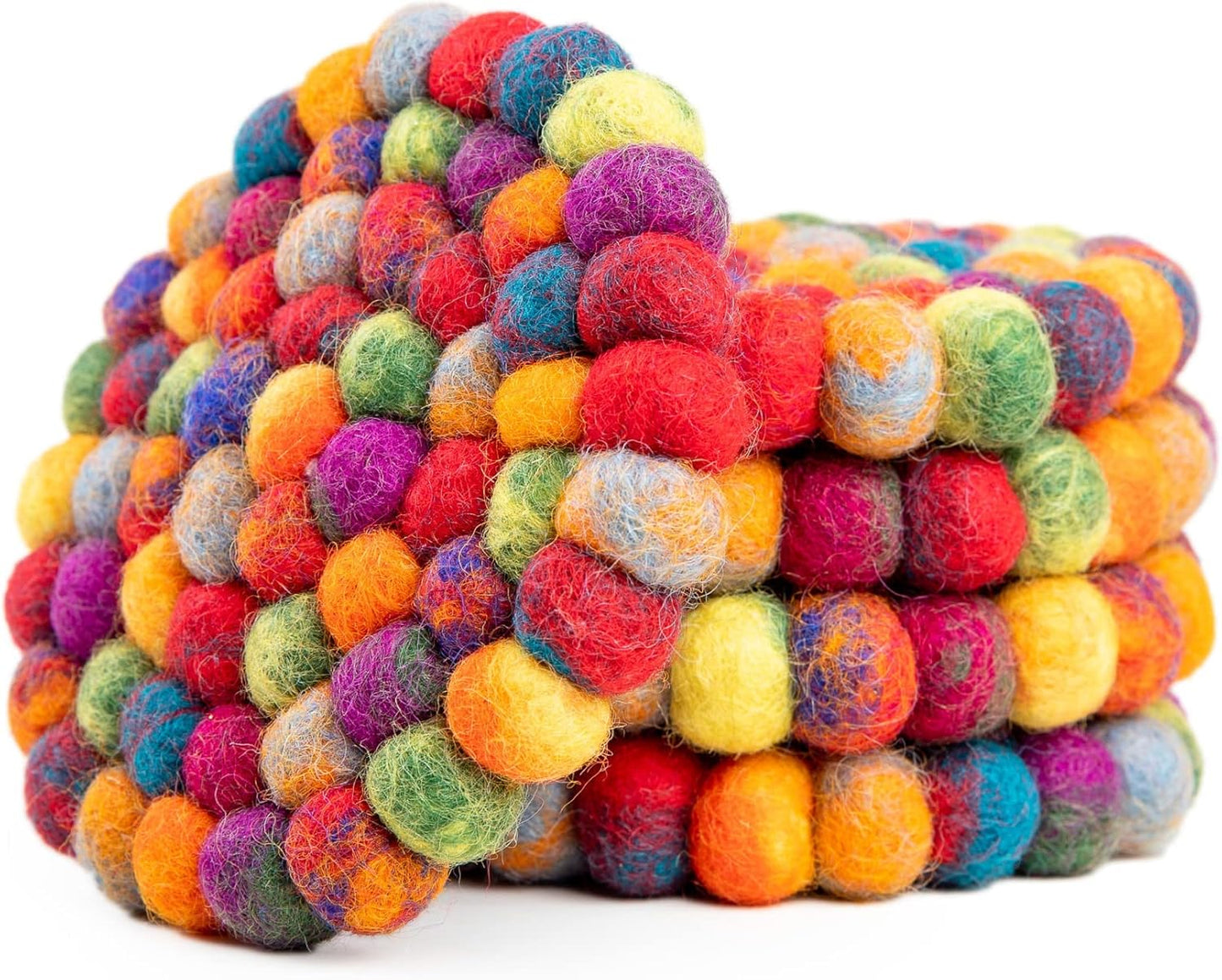 Round Felt Ball Coasters - 100% Merino Wool Table Coasters - Felt Coaster Pads, Absorbent Trivet for Drinks - Heat Resistant, Thick & Durable Hand Felted - Woolygon - Multicolor Set of 5 (Rainbow)