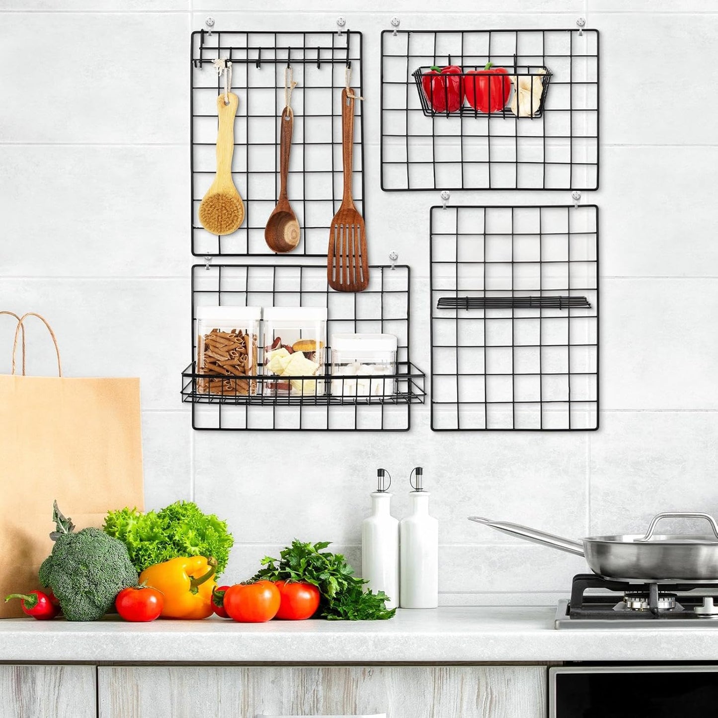 6 Pack 16 x 12 Inch Black Wall Grid Wire Panel with Accessories 1 Black Hanging Wire Basket, 1 Shelf, 1 Hook Rack, 2 Letter Sorter Shelf, 20 Clips, 12 Non Trace Nail, 2 Hemp Rope, Photo Home Decor