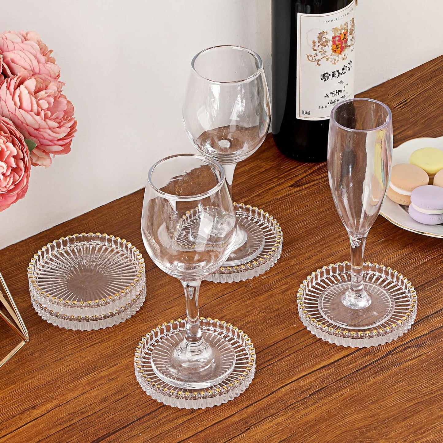 Modern Clear Coasters Set of 5- Glass Cute Coasters for Drinks Crystal Coaster Round Chic Cup Mat Cute Coffee Table Coaster for Kitchen, Bar, Dining Room, Living Room, Patio(Amber)