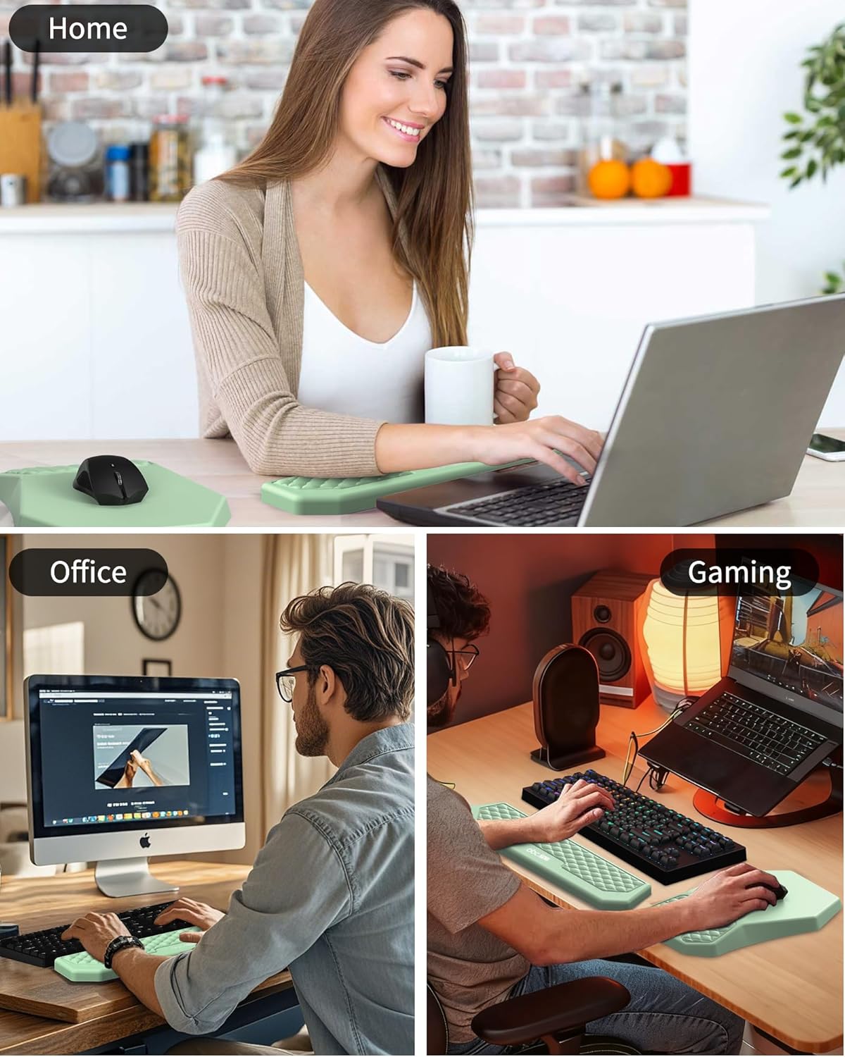 Ergonomic Mouse Pad and Keyboard Wrist Rest Support Set, Massage Design Mousepad for Carpal Tunnel Pain Relief, Memory Foam, Non-Slip PU Base for Computer Desk, Black