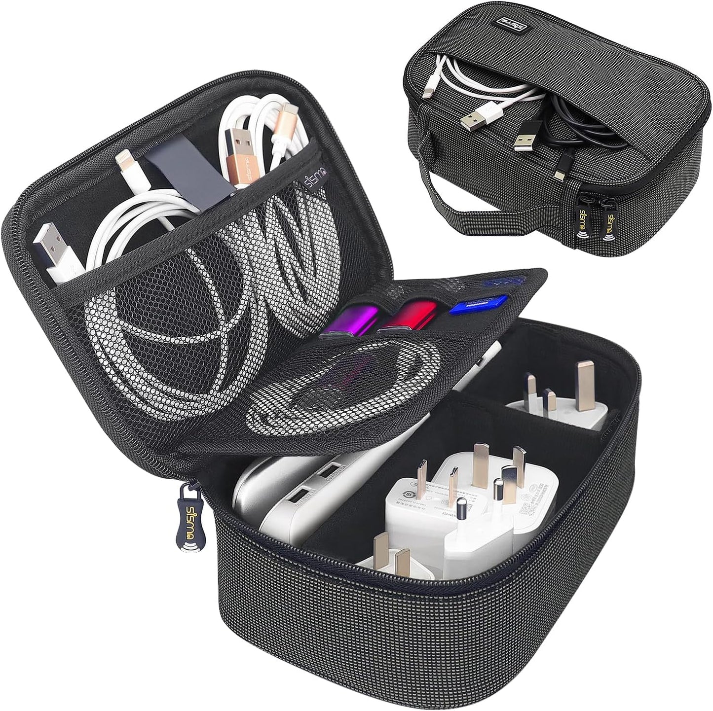sisma Travel Electronics Organizer Small Carrying Case for Cables Phone Chargers USB Plugs Power Cords Earbuds Adapter Tech Accessories Pouch -Grey