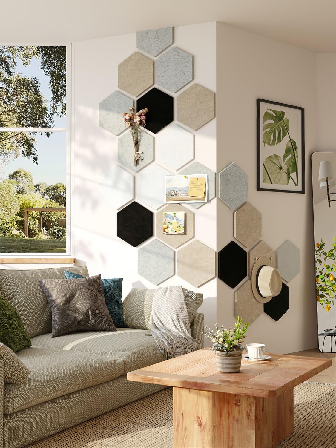 8 Pack Hexagon Felt Bulletin Board Tiles - 12" Large Thick Pin Board for Walls with 30 Push Pins, DIY Boards for Office Home School Decor, Aesthetic Hex Cork Board Alternative