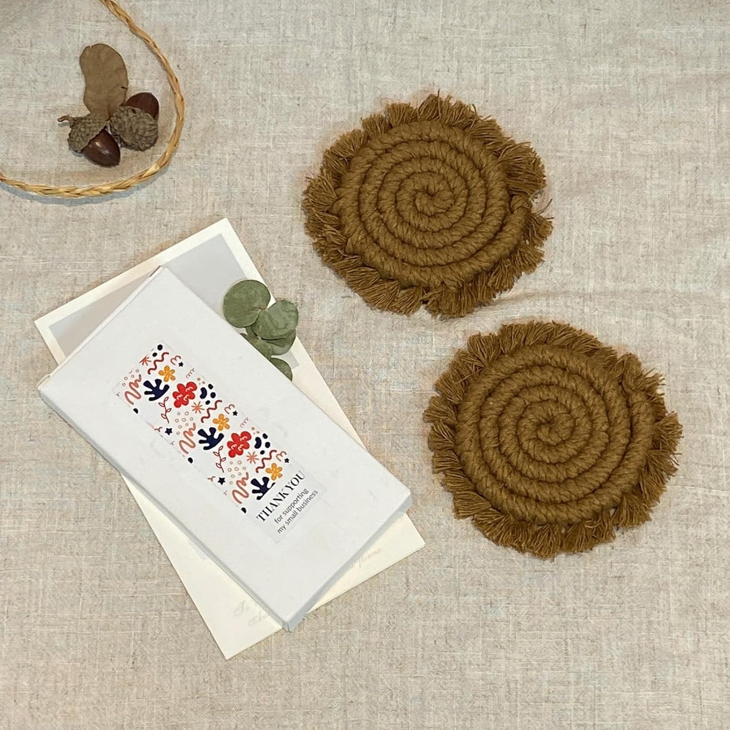 7.4in Boho Coasters for Drinks, Handmade Woven Absorbent Coasters for Desk, Farmhouse Cute Coaster for Mugs Cups - Gifts for Women, Beige