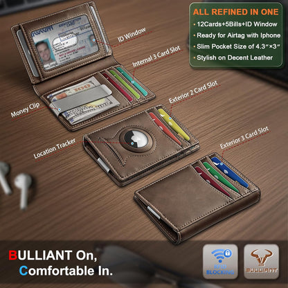 BULLIANT Men Airtag Wallet,Slim Wallet Money Clip Card Holder Magnetic Closure 12 Cards in Front Pocket RFID Blocking