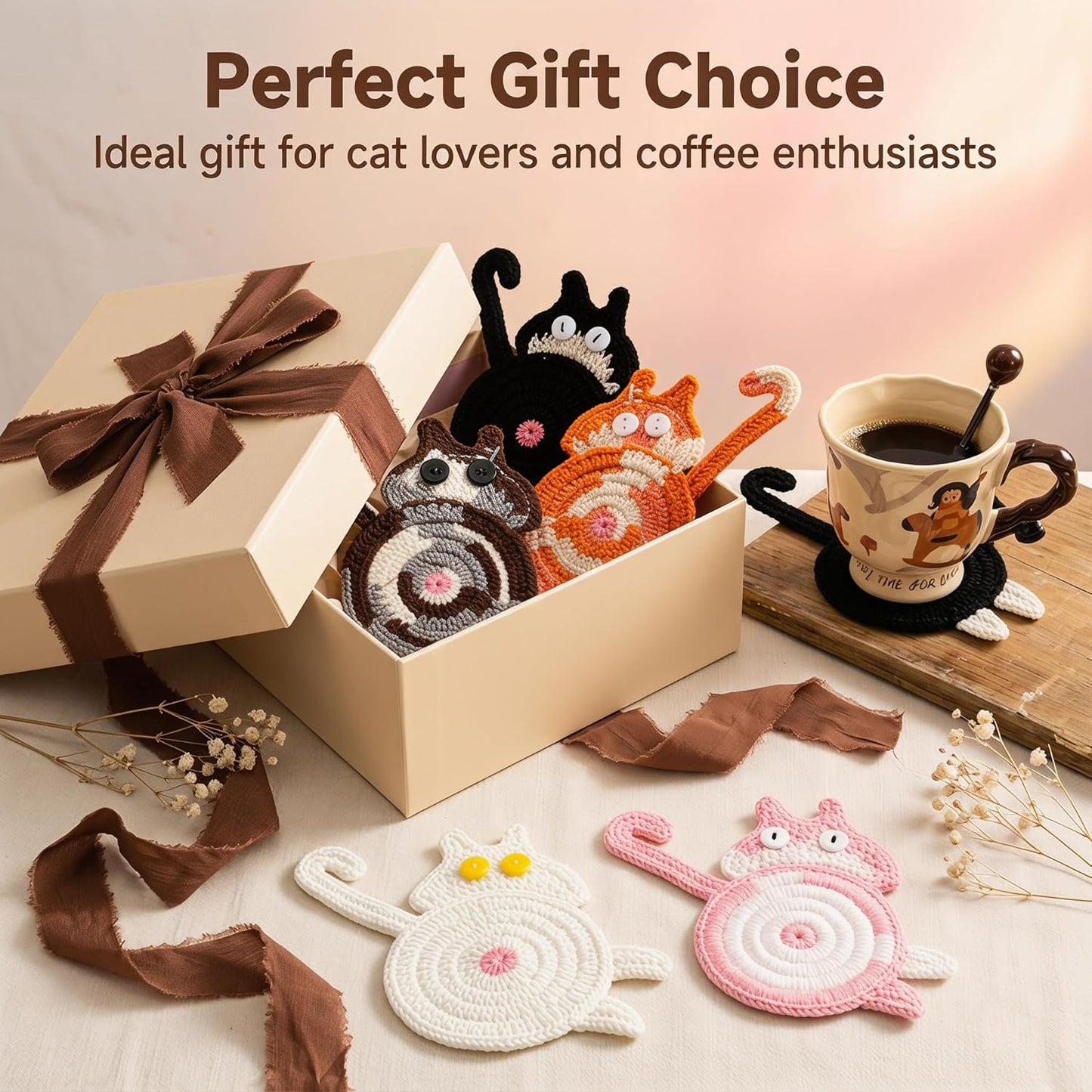 Cat Gifts for Cat Lovers 3PCS Cat Coaster Woven Creative Cute Cat Coaster Insulation Coaster Coffee and Tea Coaster Desktop Gifts
