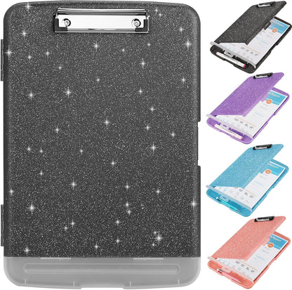 Glitter Clipboard with Storage,Storage Clipboard with Pen Holder,A4 Binder Clip Boards 8.5x11 with Low Profile Clip,Side Opening Sparkle Clipboards, Clipboards Folder for Office Supplies-Starry Black