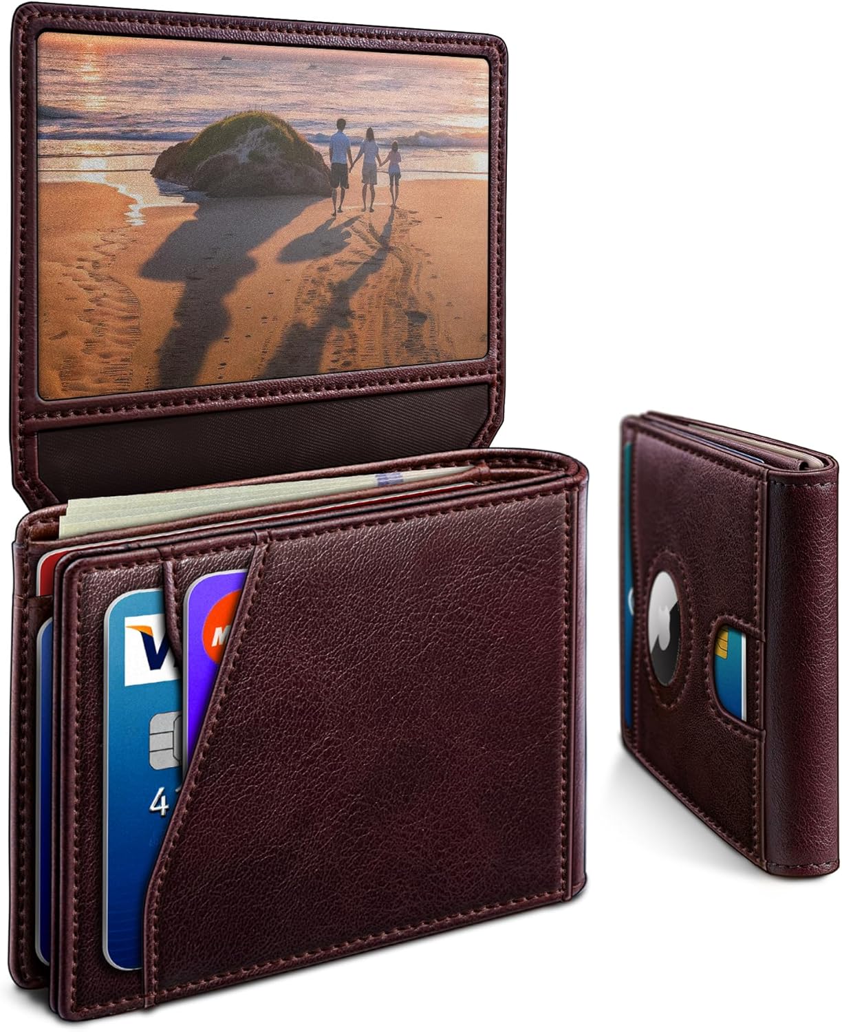 miyozi AirTag Wallet for Men, Slim Leather Bifold with Holder Slot, 2 ID Windows & 13 Card Slots, RFID Blocking Front Pocket Wallet with Gift Box