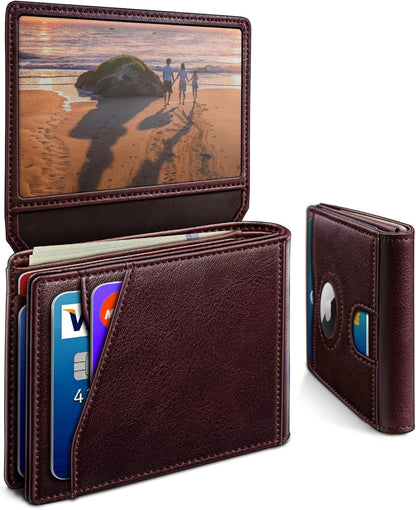 miyozi AirTag Wallet for Men, Slim Leather Bifold with Holder Slot, 2 ID Windows & 13 Card Slots, RFID Blocking Front Pocket Wallet with Gift Box