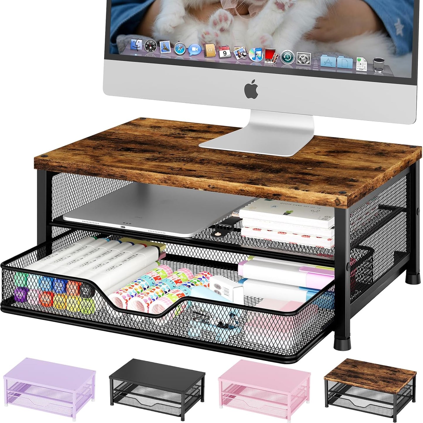 OPNICE Computer Monitor Stand Riser, Desk Organizer with Drawer, Printer & Laptop Stand, Office Desk Accessories & Workspace Desktop Organizers Storage for Office Supplies(Black)