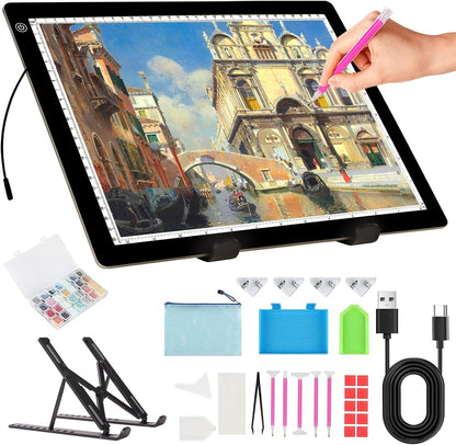 A4 Light Board for Diamond Painting - Tracing Light Box with Stand, Stepless Dimmable 3 Levels Brightness Light Pad, Ultra-Thin LED Light Pad for Weeding Vinyl, Drawing, Diamond Painting