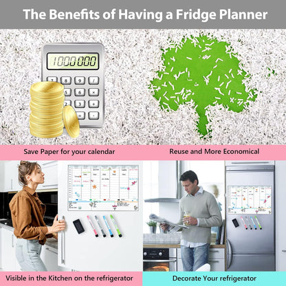 POPRUN Magnetic Fridge Calendar, 16.9"x11" Weekly Schedule Whiteboard, Dry Erase Board for Family Planning & Organization, Ideal for Home, School, Office