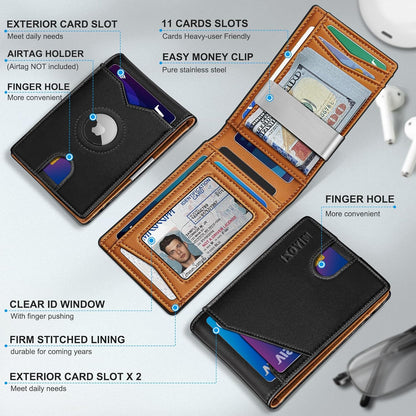 miyozi Airtag Wallet for Men,with Money Clip 11 Cards Slim Front Pocket Leather RFID Blocking Wallet with Gift Box