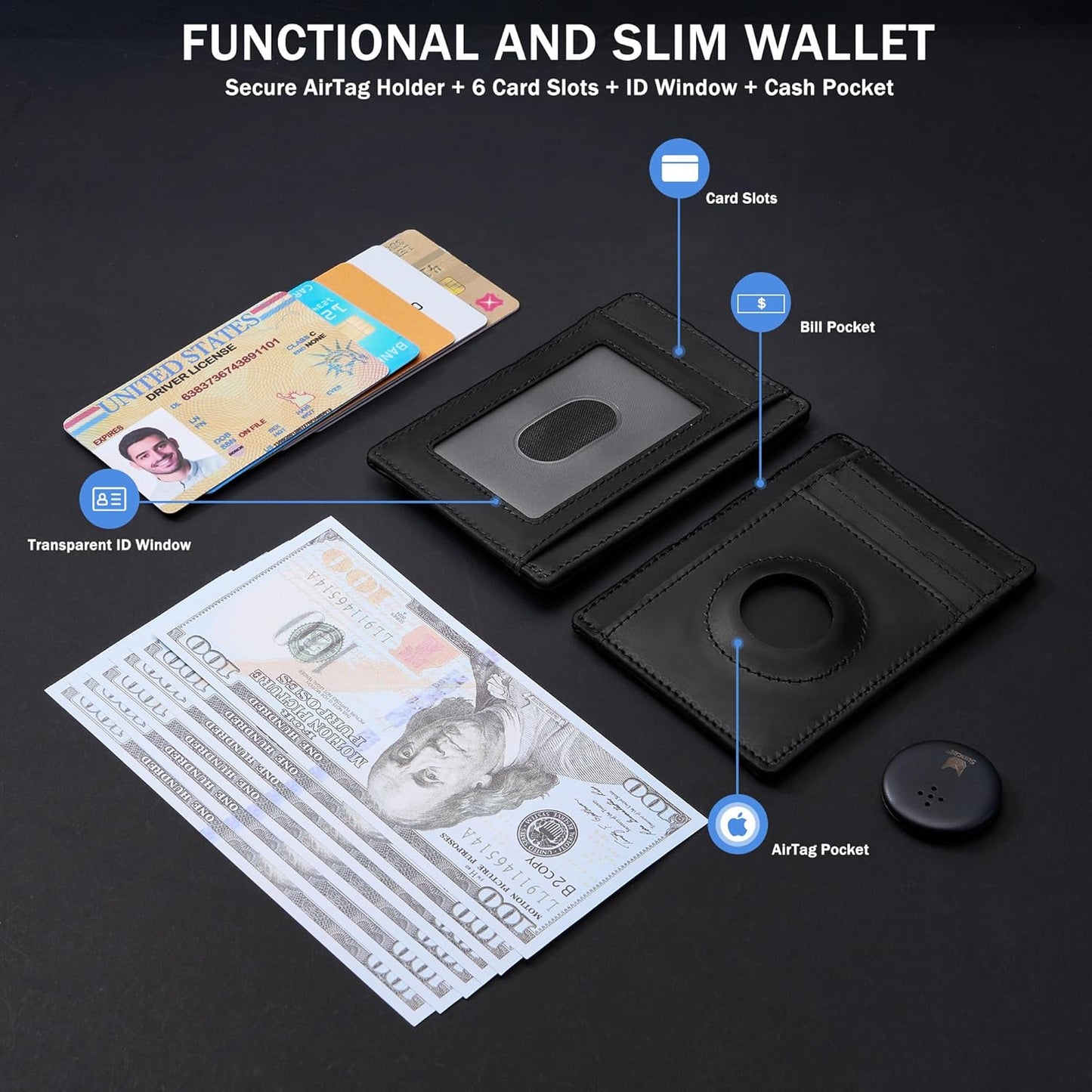 Wallet with Airtag Holder Genuine Leather Wallets Slim Minimalist Card Holder RFID Blocking Card Wallet Compatible with AirTag