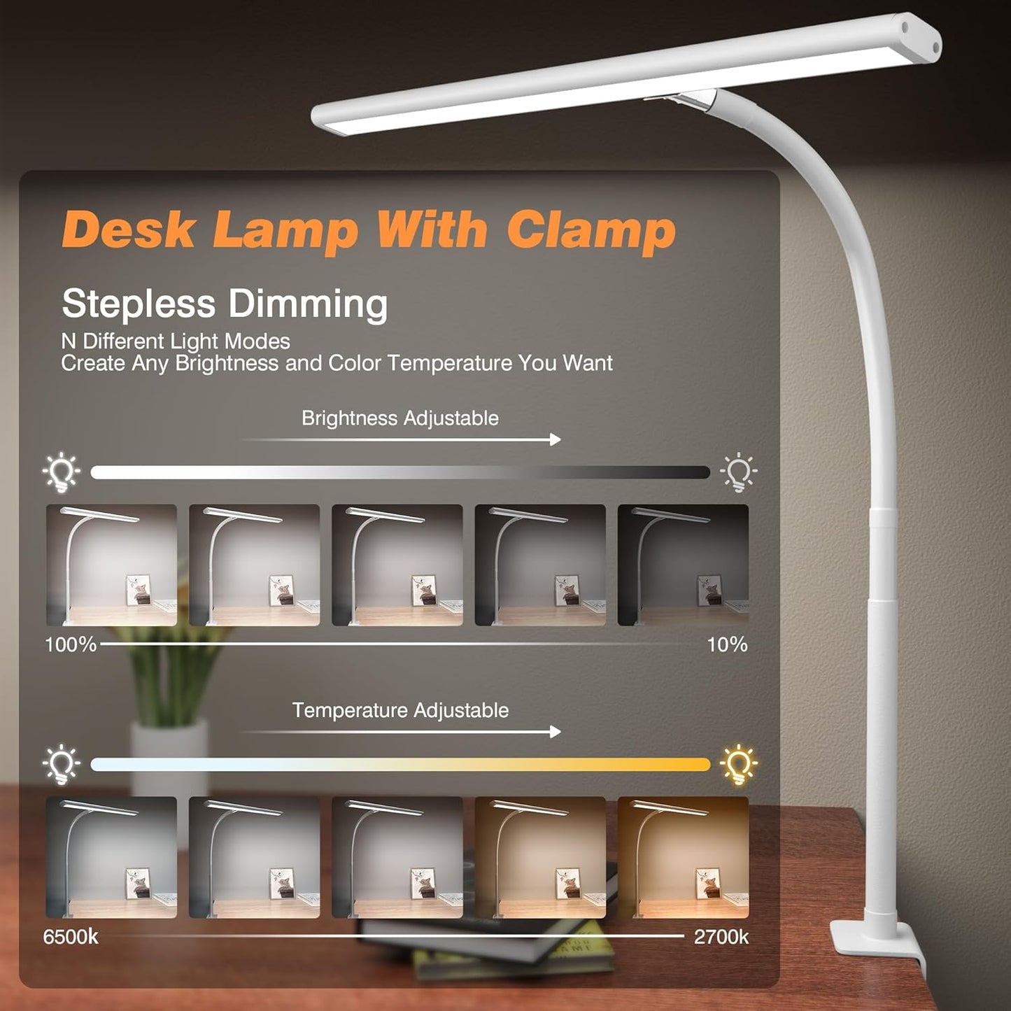 Airlonv LED Desk Lamp for Office Home, Eye-Caring Desk Light with Stepless Dimming Adjustable Flexible Gooseneck, 10W USB Adapter Desk Lamp with Clamp for Reading, Study, Workbench (Black)